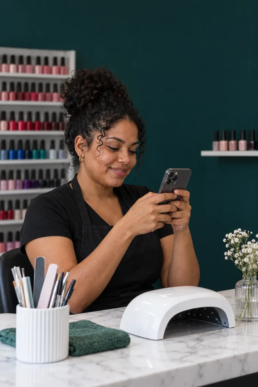 Manicurista dominicana chateando con una clienta desde su estación